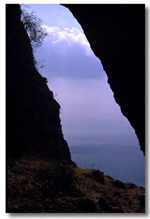 View from a cave looking east over the Sea of Galilee - Scan from a slide